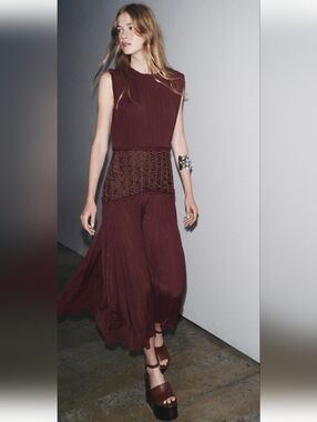 Zara ZW Collection Brown Embroidered Waist Dress Size L